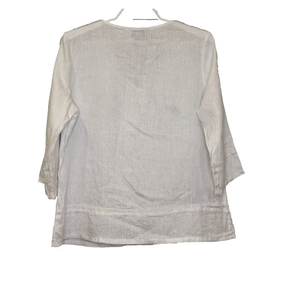 Saint Tropez West Pullover Top Womens Large White 100% Linen Embroidered V-Neck